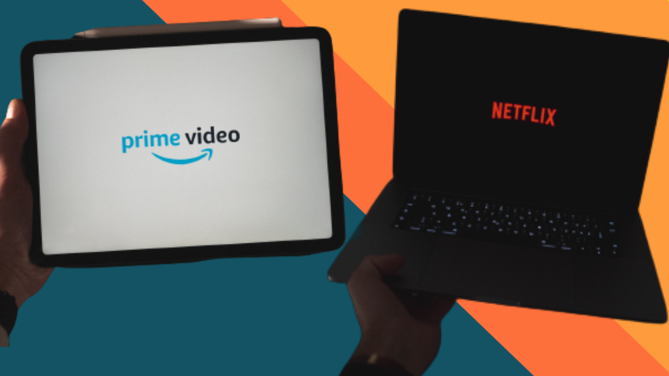 Amazon Prime video and Netflix name images on laptop and tablet