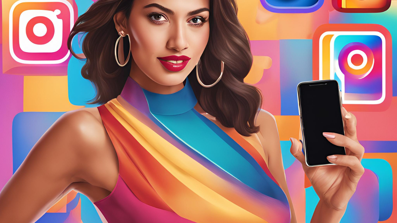 A woman holding a mobile in her hand with Instagram logo in her background and her dress is of instagram logo